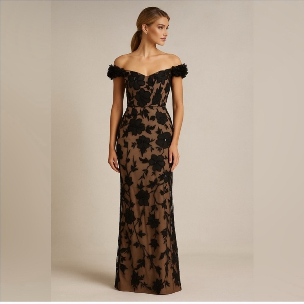 Adrianna Papell Off Shoulder Black Floral Nude Mesh Illusion Gown NWT SZ 2 GALA - Picture 2 of 13